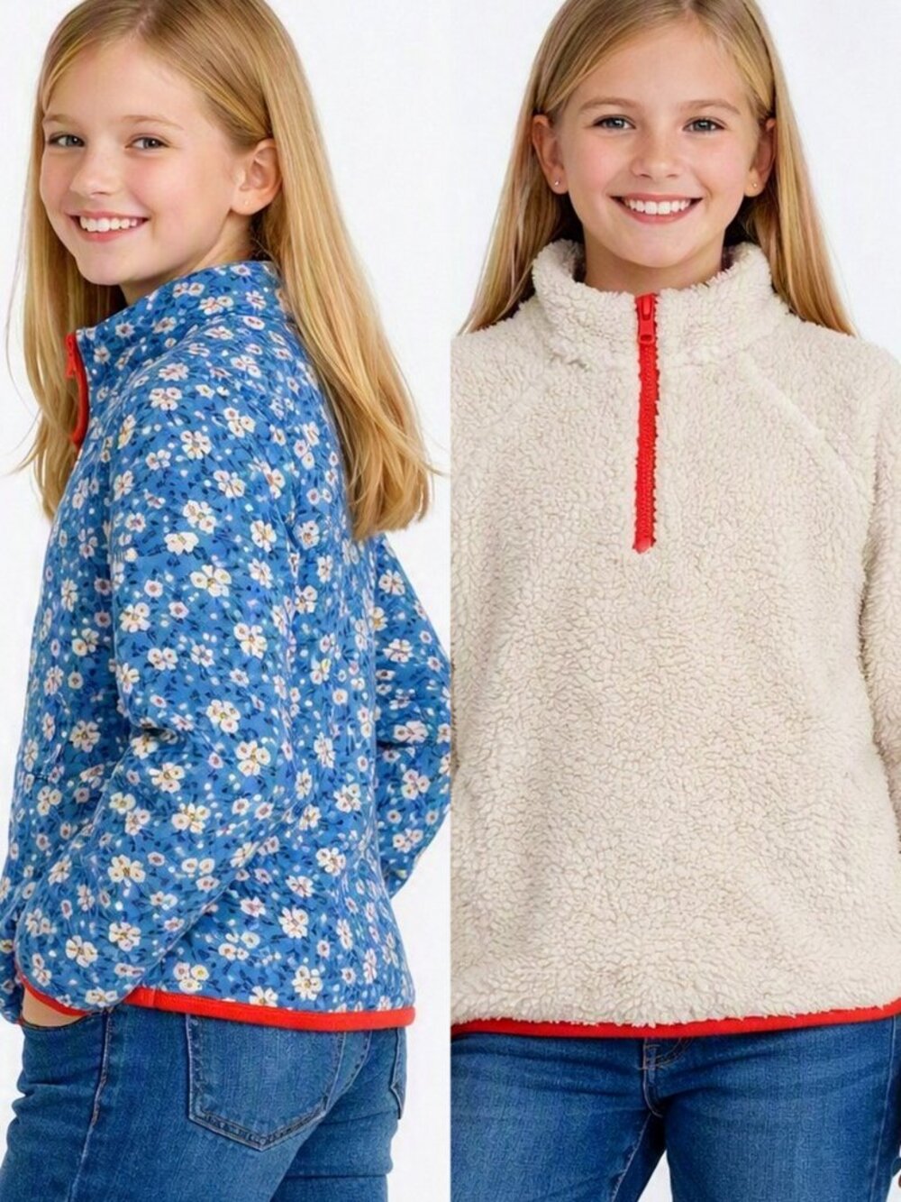 Mini Boden Reversible Blue Floral Sherpa 1/4 Zip Pullover Girls Size 9/10 y